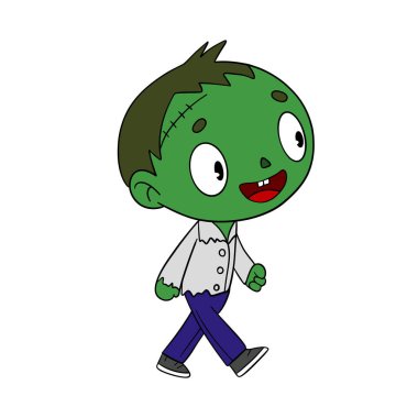 Büyülü bir Cadılar Bayramı. Şirin zombi çizgi film maske kostümü. Mutlu ve gülümseyen yeşil deri canavarı. Satır sanatı ögesi koleksiyonu