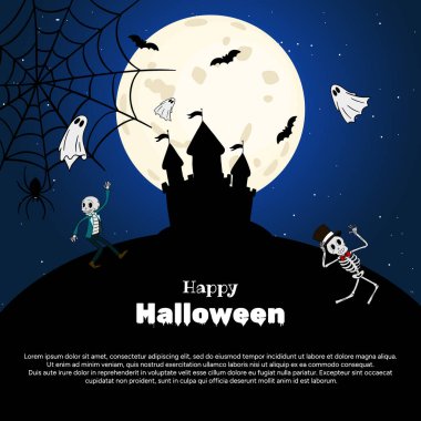 Cadılar bayramı partisinin afişi, büyük ay ışığı ve Cadılar Bayramı 'nın ürpertici ağacı ve kalesi.