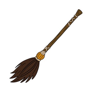 Cadı ve Büyücü Cadılar Bayramı büyüsü. Hava akımları ve rüzgarla birlikte. Sihirli süpürge sapı. Taslak resim ögesi koleksiyonu