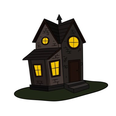 Büyülü ve korkutucu karanlık perili kale. Cadılar Bayramı ürpertici taş koleksiyonu. Çizgi el çizimi