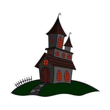 Büyülü ve korkutucu karanlık perili kale. Cadılar Bayramı ürpertici taş koleksiyonu. Çizgi el çizimi