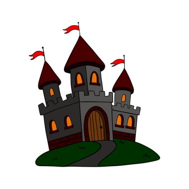 Büyülü ve korkutucu karanlık perili kale. Cadılar Bayramı ürpertici taş koleksiyonu. Çizgi el çizimi