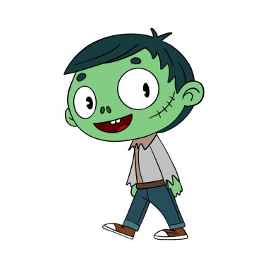 Büyülü bir Cadılar Bayramı. Şirin zombi çizgi film maske kostümü. Mutlu ve gülümseyen yeşil deri canavarı. Satır sanatı ögesi koleksiyonu