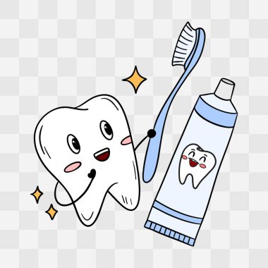Gülümseyen diş fırçası ve diş macununun el çizimi çok hoş. Çocukların diş temizliği posterleri, eğitim malzemeleri, çıkartmalar, diş macunu ambalajları ve çocuk kliniği dekorasyonu.