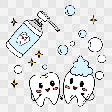 Diş macunu köpüğündeki mutlu bir dişin hoş el çizimi çizimi. Sevimli diş fırçası tasarımları, diş posterleri, hijyen eğitimi malzemeleri, çıkartmalar ve diş fırçası paketleri.