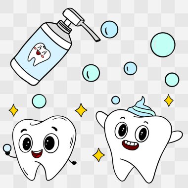 Parlak efektli, parlak, temiz dişlerin hoş el çizimi çizimi. Çocukların diş temizliği posterleri, eğitim malzemeleri, diş macunu ambalajları, çıkartmalar ve diş sağlığı kliniği tasarımları.