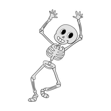 Büyülü bir Cadılar Bayramı. Dans ve hareket eden sihirli iskelet. Mutlu ve komik bir şekilde gülümsüyor. Satır sanatı ögesi koleksiyonu