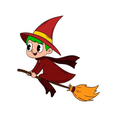 Sihirli bir gün, sihirli şapkası ve süpürgesi olan sevimli bir cadılar bayramı cadısı. Mutlu ve gülümseyen komik cadı. Satır sanatı ögesi koleksiyonu