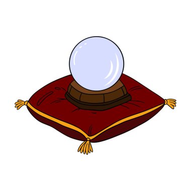 Kırmızı yastıkta sihirli kristal küre. Ruhsal tılsım mistik iyi şans tılsımı. Ana hatları sihirli element koleksiyonu