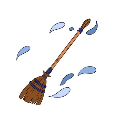 Cadı ve Büyücü Cadılar Bayramı büyüsü. Hava akımları ve rüzgarla birlikte. Sihirli süpürge sapı. Taslak resim ögesi koleksiyonu