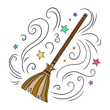 Cadı ve Büyücü Cadılar Bayramı büyüsü. Hava akımları ve rüzgarla birlikte. Sihirli süpürge sapı. Taslak resim ögesi koleksiyonu