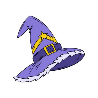 Sihirli büyücü cadı şapkası. Cadılar Bayramı festivali kutlaması ikon unsurları koleksiyonunu renklendirdi. Taslak sanat dekorasyonu