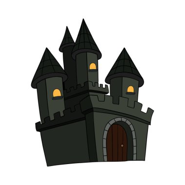 Büyülü ve korkutucu karanlık perili kale. Cadılar Bayramı ürpertici taş koleksiyonu. Çizgi el çizimi