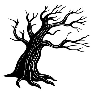 Çıplak ürkünç ağaç silueti. Cadılar Bayramı dekorasyonu ürkünç ağaç. Örümcek ağı ve ağaçtaki örümceklerle birlikte çizgi sanat koleksiyonu