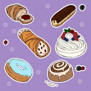 Sweet bakery goods set collections with various types of baking products and confectionery. Bakery shop and cafeteria restaurant decoration