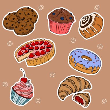Sweet bakery goods set collections with various types of baking products and confectionery. Bakery shop and cafeteria restaurant decoration