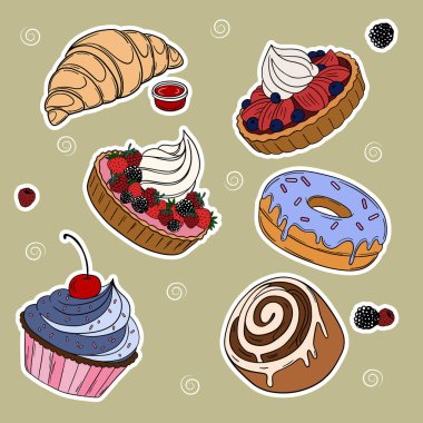 Sweet bakery goods set collections with various types of baking products and confectionery. Bakery shop and cafeteria restaurant decoration