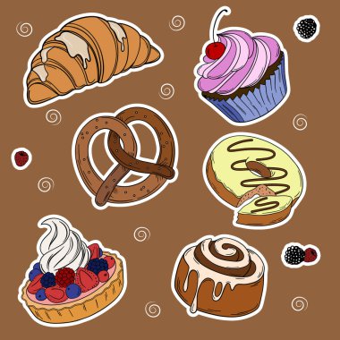 Sweet bakery goods set collections with various types of baking products and confectionery. Bakery shop and cafeteria restaurant decoration