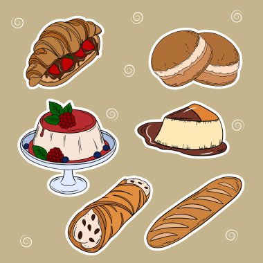 Sweet bakery goods set collections with various types of baking products and confectionery. Bakery shop and cafeteria restaurant decoration