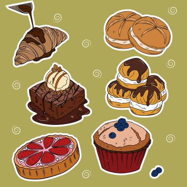 Sweet bakery goods set collections with various types of baking products and confectionery. Bakery shop and cafeteria restaurant decoration