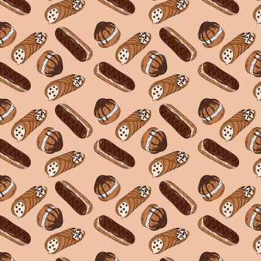 Tatlı fırının arka planında farklı türde fırın ürünleri olan dikişsiz duvar kâğıdı. Fırın ve kafeterya restoran dekorasyonu