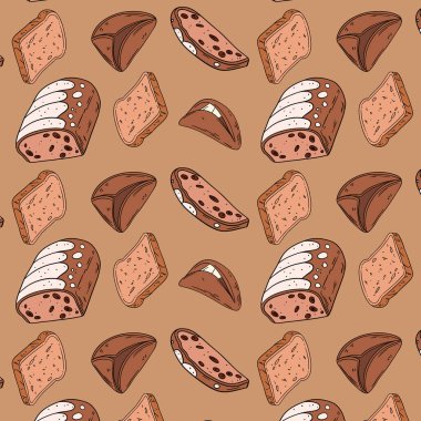 Tatlı fırının arka planında farklı türde fırın ürünleri olan dikişsiz duvar kâğıdı. Fırın ve kafeterya restoran dekorasyonu