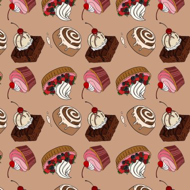 Tatlı fırının arka planında farklı türde fırın ürünleri olan dikişsiz duvar kâğıdı. Fırın ve kafeterya restoran dekorasyonu