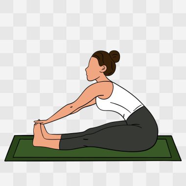 Paschimottanasana pozu. Paspasın üzerinde yoga yapan bir kadının el çizimi. Rahatlatıcı ve dikkatli duruş dengeyi, uyumu ve özgüveni sembolize eder.