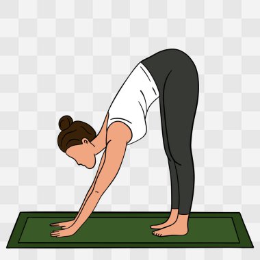 Uttanasana pozu. Paspasın üzerinde yoga yapan bir kadının el çizimi. Rahatlatıcı ve dikkatli duruş dengeyi, uyumu ve özgüveni sembolize eder.