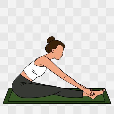 Paschimottanasana pozu. Paspasın üzerinde yoga yapan bir kadının el çizimi. Rahatlatıcı ve dikkatli duruş dengeyi, uyumu ve özgüveni sembolize eder.