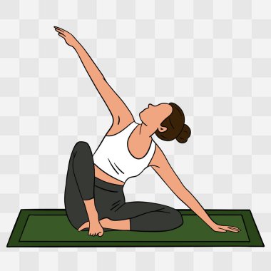 Janu Sirsasana pozu. Paspasın üzerinde yoga yapan bir kadının el çizimi. Rahatlatıcı ve dikkatli duruş dengeyi, uyumu ve özgüveni sembolize eder.