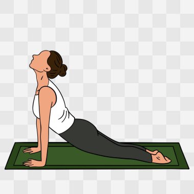Bhujangasana pozu. Paspasın üzerinde yoga yapan bir kadının el çizimi. Rahatlatıcı ve dikkatli duruş dengeyi, uyumu ve özgüveni sembolize eder.