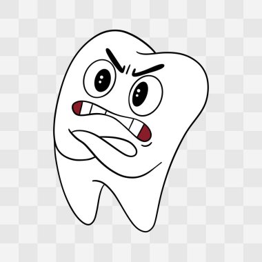 Kızgın ve korkmuş dişlerin elle çizilmiş örnekleri. Oyuncu ve anlamlı karakter tasarımı diş eğitimi, çocuk posterleri, ağız temizliği malzemeleri, pediatrik dişçilik kliniği