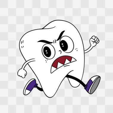 El çizimi, korkmuş dişin kaçtığını gösteren sevimli çocuklar. Eğlenceli ve oyuncu karakter tasarımı diş eğitimi için mükemmel, çocuk posterleri, ağız temizliği malzemeleri, pediatrik dişçilik kliniği