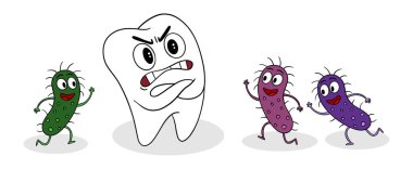 Bakterilere saldıran cesur bir dişin elle çizilmiş hali. Çocuklar için oyuncu ve eğitici tasarım ideal diş posterleri, ağız temizliği malzemeleri, pediatrik dişçilik klinikleri