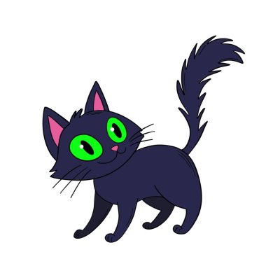 El çizimi cadılar bayramı şirin yeşil gözlü kedicik. Fantezi ve mistik peri masalı. İkram ya da hile