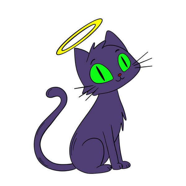 Hand-drawn Halloween cute with green magic eyes kitty cat. Fantasy and mystical fairytale. Treats or tricks