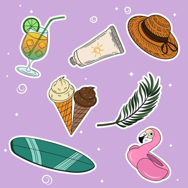 Yaz seyahati koleksiyonlarında farklı element simgesi çıkartmaları var. El çizimi yaz atmosferi seti. Yaz zamanı tropikal elementler