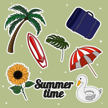 Yaz seyahati koleksiyonlarında farklı element simgesi çıkartmaları var. El çizimi yaz atmosferi seti. Yaz zamanı tropikal elementler