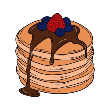 Appetizing and delicious sweet baked pancakes with chocolate syrup. Bakery breakfast sweet treats dessert. Outline food art
