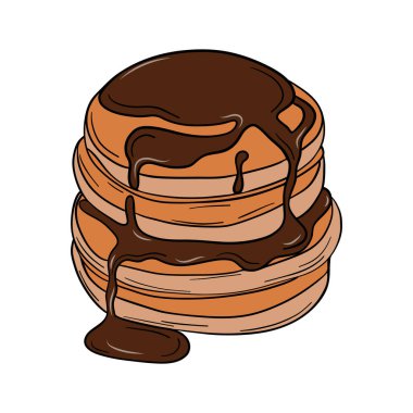 Appetizing and delicious sweet baked pancakes with chocolate syrup. Bakery breakfast sweet treats dessert. Outline food art