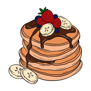 Appetizing and delicious sweet baked pancakes with chocolate syrup bananas and berries fruit. Bakery breakfast sweet treats dessert. Outline food art