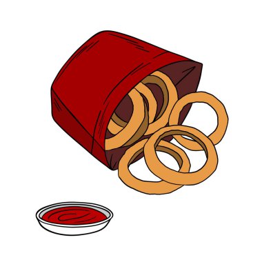 Fresh onion rings with sauce ketchup. American fast food cuisine. Outline food art