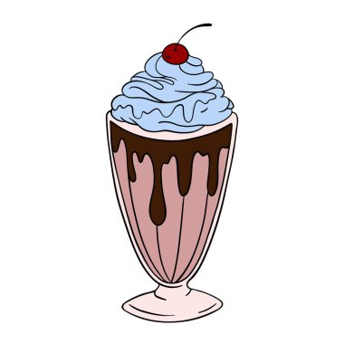 Appetizing and delicious sweet milkshake milk cocktail dessert with whipped cream and chocolate. Sweet treats dessert. Outline food art