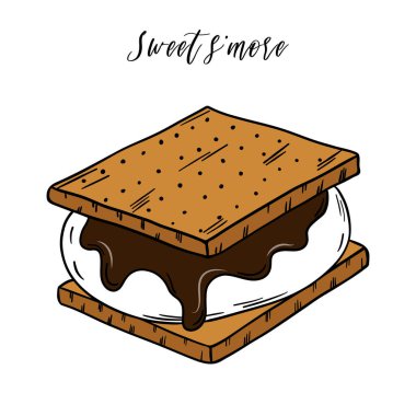 Appetizing and delicious sweet s'more dessert with marshmallow and chocolate with cookies. Camping snack for campfire. Baked sweet treats dessert. Outline food art pastry