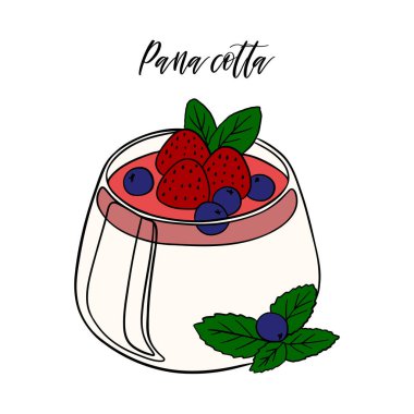 Appetizing and delicious panna cotta dessert with berries and fruit sauce sweet baked dessert confectionery. Baked sweet treats dessert. Outline food art pastry