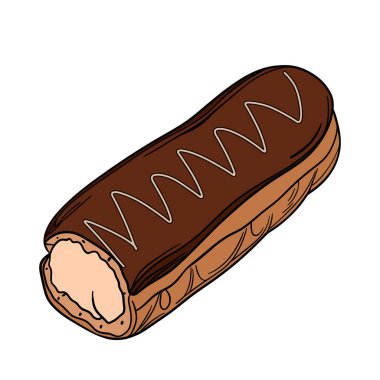 Delicious eclair pastry dessert with glaze and icing. Sweet treat clair with whipped cream, super yummy and sweets. Bakery shop culinary outline art