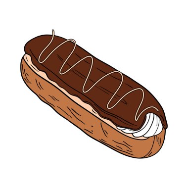 Delicious eclair pastry dessert with glaze and icing. Sweet treat clair with whipped cream, super yummy and sweets. Bakery shop culinary outline art