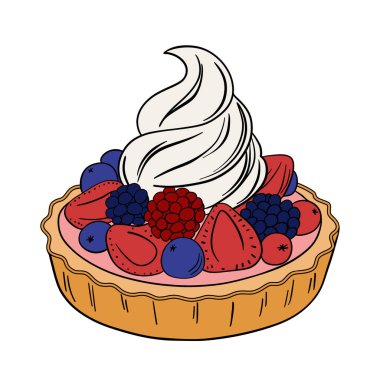 Delicious fruit tart dessert pastry with berries and whipped cream. Sweet treat goods bakery culinary. Super tasty creamy tart pie. Baked snack outline art
