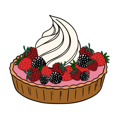 Delicious fruit tart dessert pastry with berries and whipped cream. Sweet treat goods bakery culinary. Super tasty creamy tart pie. Baked snack outline art